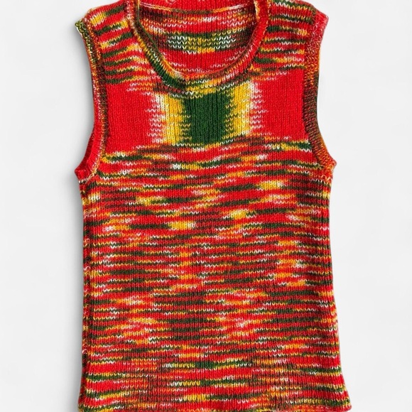 Handmade Tops - Vintage Handmade Retro 70s Red Green Yellow Knit Sleeveless Sweater Vest